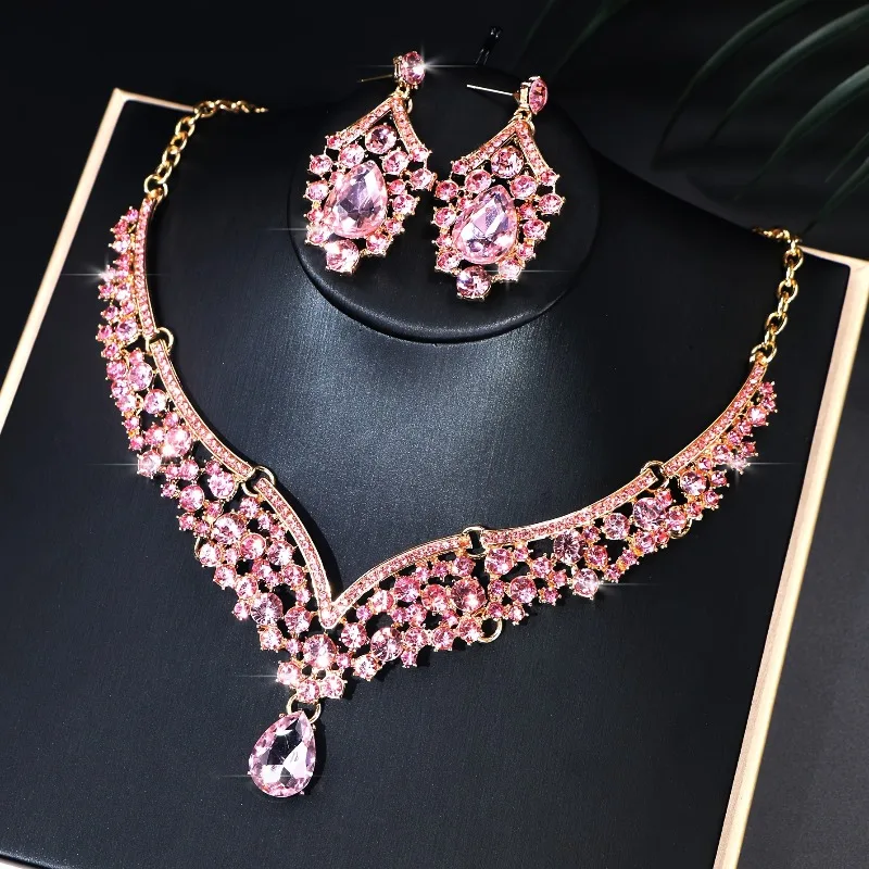 Sparkling Luxurious Women Earrings Necklace Set Water Drop Rhinestones Crystal Adjustable Jewelry Set for Wedding Bride