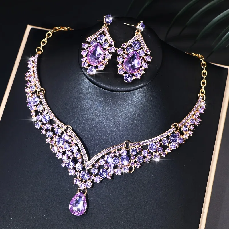 Sparkling Luxurious Women Earrings Necklace Set Water Drop Rhinestones Crystal Adjustable Jewelry Set for Wedding Bride