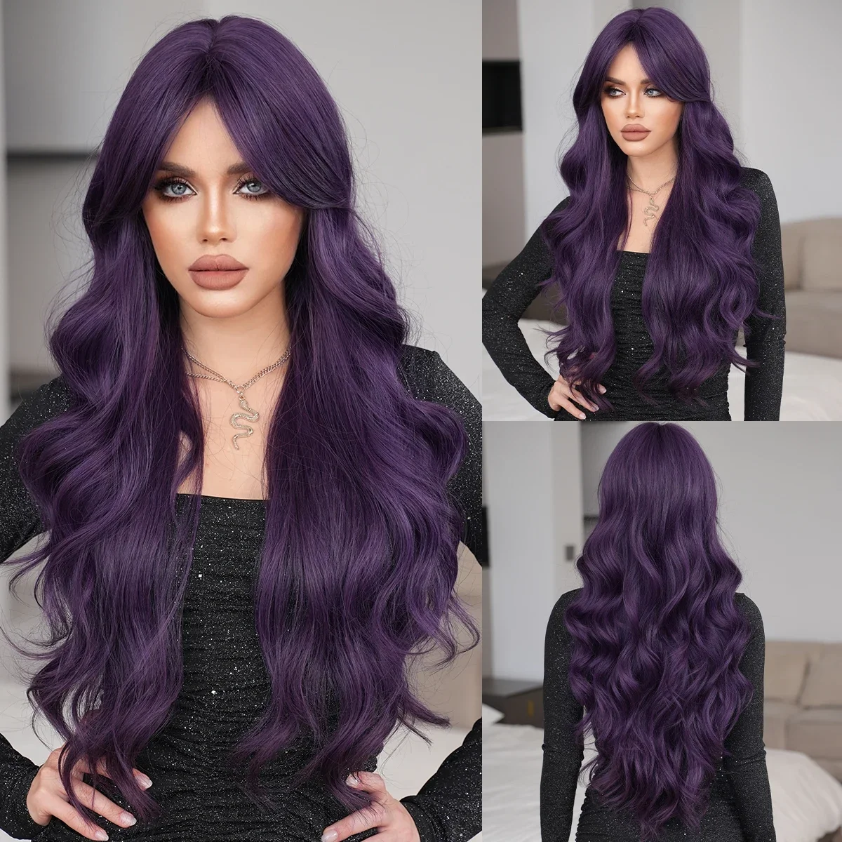 NAMM Costume Wig Synthetic Loose Water Wave Purple Wigs For Women Daily High Density Long Wavy Hair Mid Split Wigs