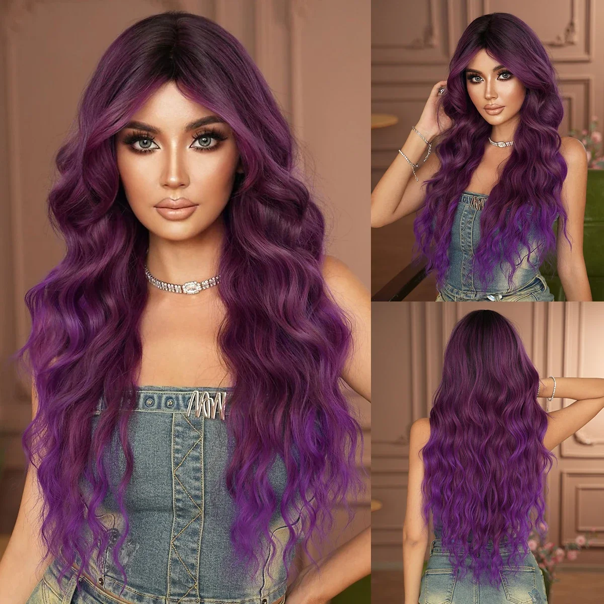 NAMM Costume Wig Synthetic Loose Water Wave Purple Wigs For Women Daily High Density Long Wavy Hair  Mid Split Wigs