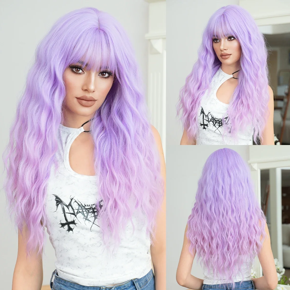 NAMM Costume Wig Synthetic Loose Water Wave Purple Wigs For Women Daily High Density Long Wavy Hair  Mid Split Wigs