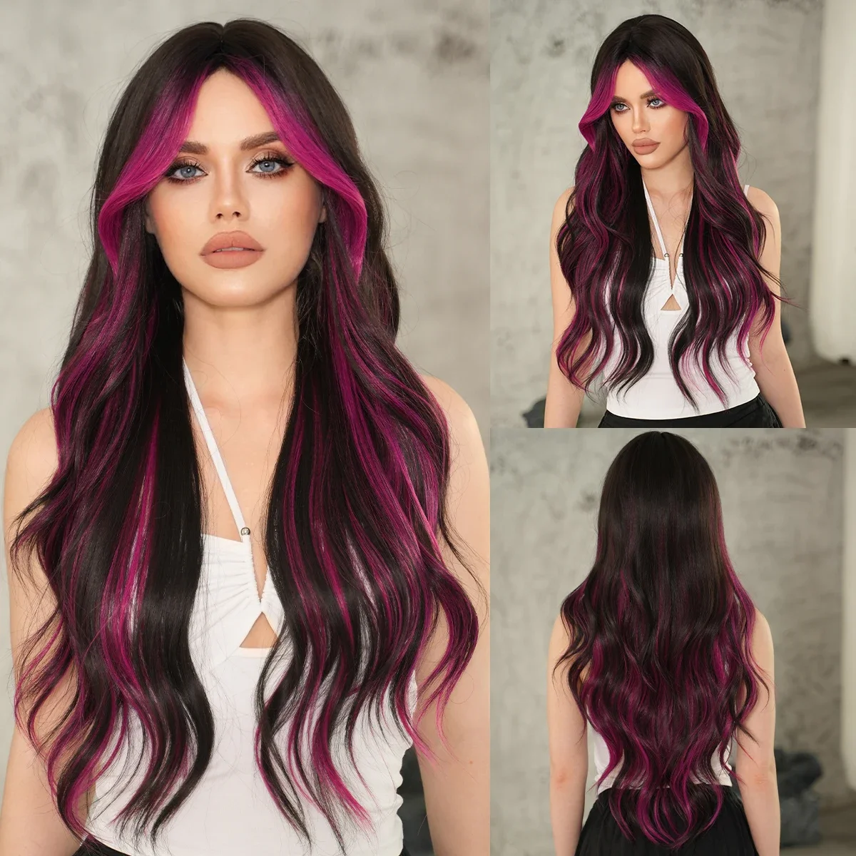 NAMM Costume Wig Synthetic Loose Water Wave Purple Wigs For Women Daily High Density Long Wavy Hair  Mid Split Wigs