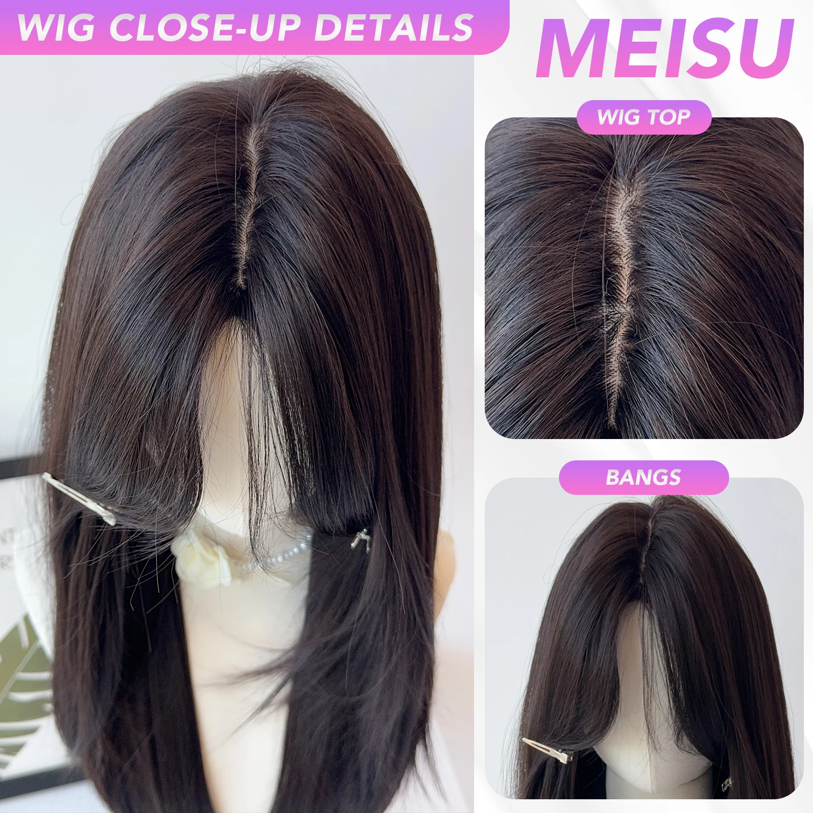 MEISU 24-26 Inch Black Tea Straight Synthetic Wig  Heat-Resistant Natural Smooth Hair Stylish Party Bangs Wigs For Women