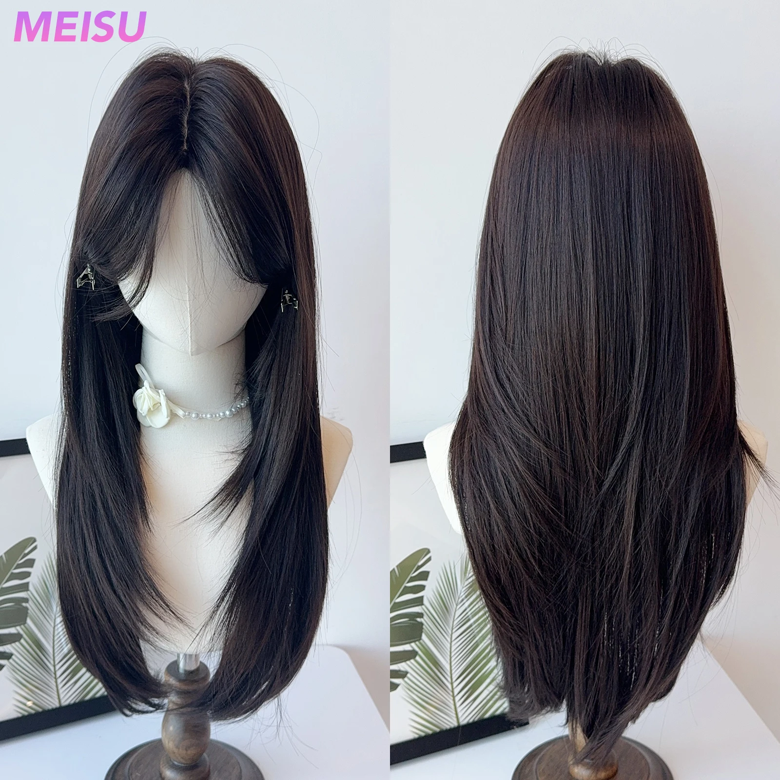 MEISU 24-26 Inch Black Tea Straight Synthetic Wig  Heat-Resistant Natural Smooth Hair Stylish Party Bangs Wigs For Women