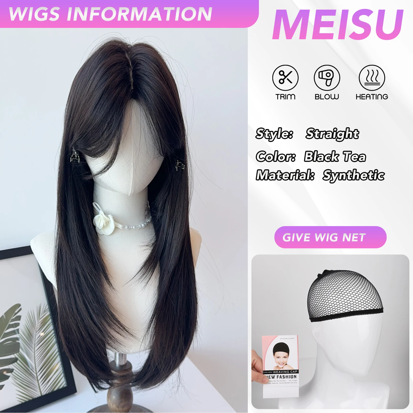 MEISU 24-26 Inch Black Tea Straight Synthetic Wig  Heat-Resistant Natural Smooth Hair Stylish Party Bangs Wigs For Women