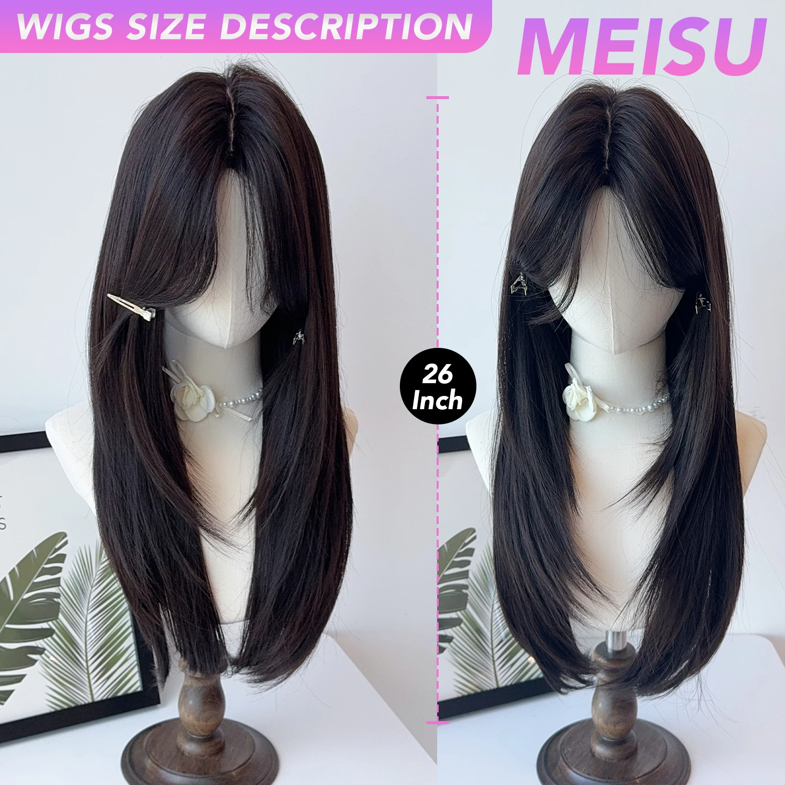 MEISU 24-26 Inch Black Tea Straight Synthetic Wig  Heat-Resistant Natural Smooth Hair Stylish Party Bangs Wigs For Women