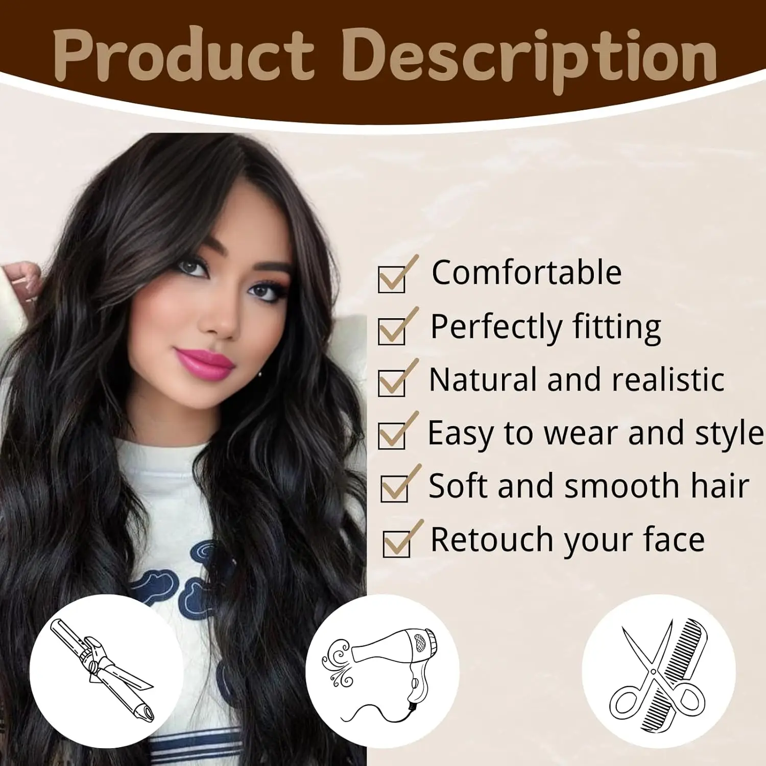 26 Inch Black Wig for Women, Long Wavy Hairline Middle Part Synthetic Heat Resistant Wig for Daily Party