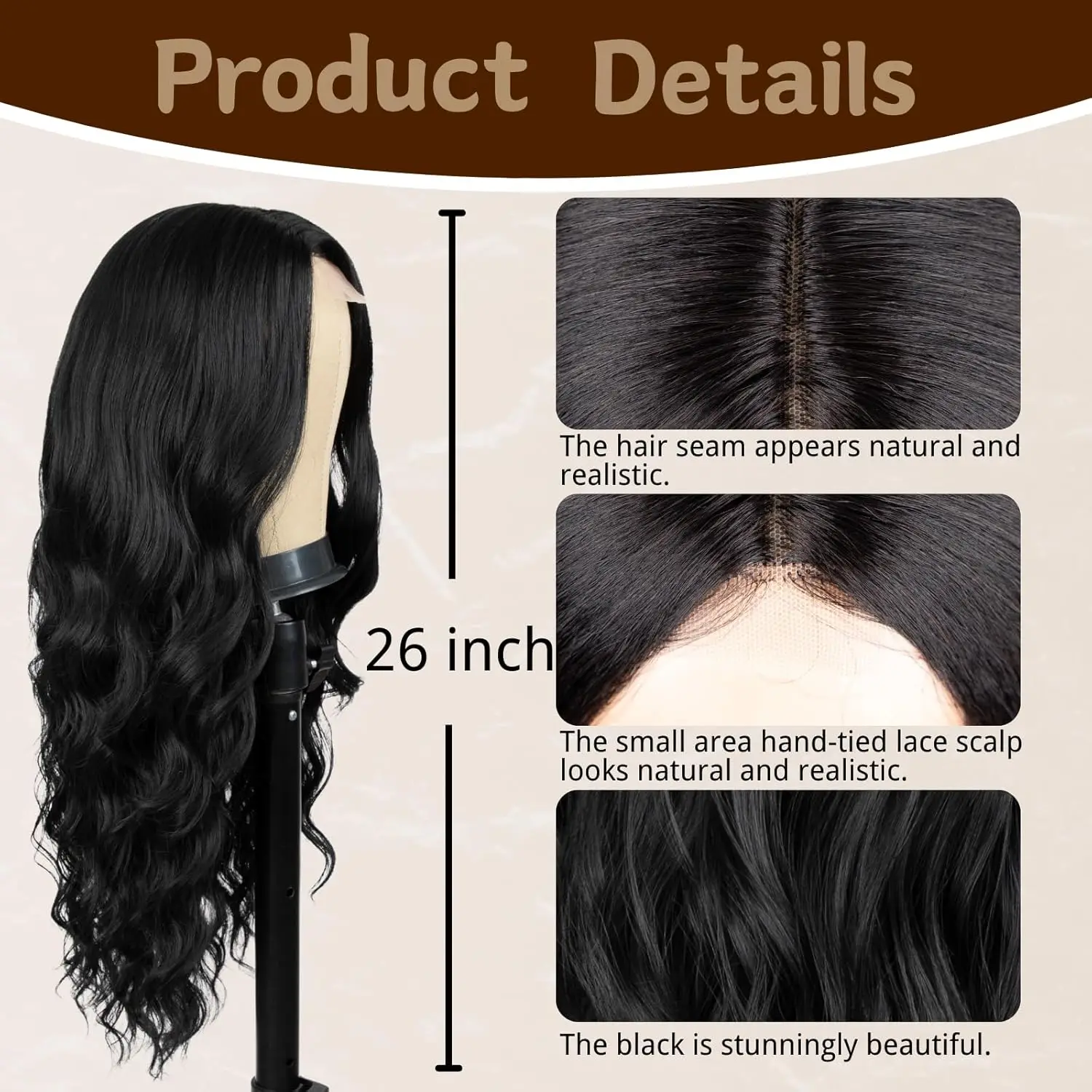 26 Inch Black Wig for Women, Long Wavy Hairline Middle Part Synthetic Heat Resistant Wig for Daily Party