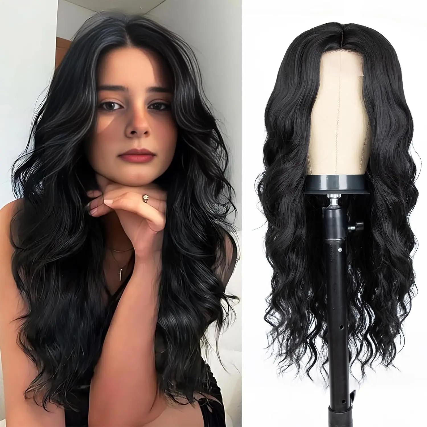 26 Inch Black Wig for Women, Long Wavy Hairline Middle Part Synthetic Heat Resistant Wig for Daily Party
