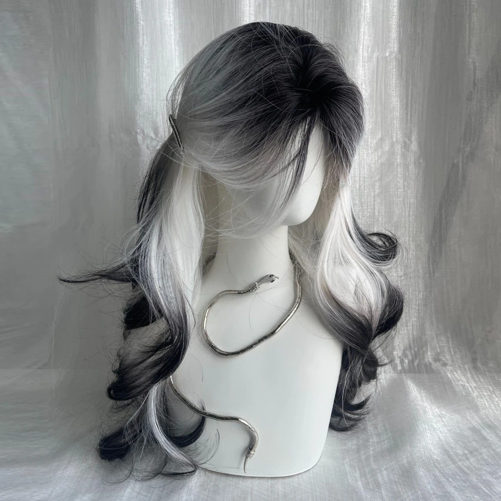 Long Wave Synthetic Black Ombre White Wig Fluffy Women Heat Resistant Wig for Daily Party Lolita Cosplay Long Wave Synthetic Black Ombre White Wig Fluffy Women Heat Resistant Wig for Daily Party Lolita Cosplay