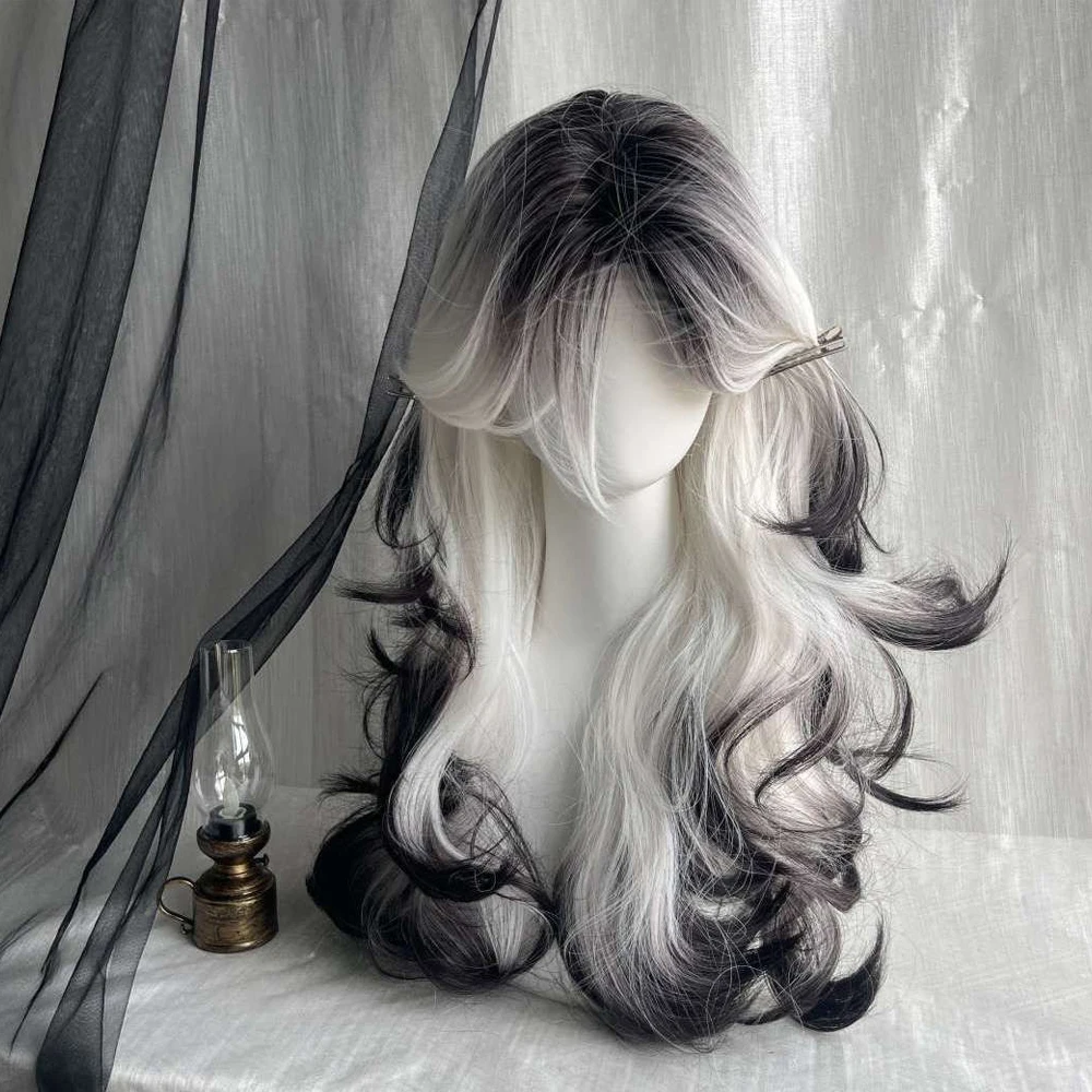 Long Wave Synthetic Black Ombre White Wig Fluffy Women Heat Resistant Wig for Daily Party Lolita Cosplay Long Wave Synthetic Black Ombre White Wig Fluffy Women Heat Resistant Wig for Daily Party Lolita Cosplay