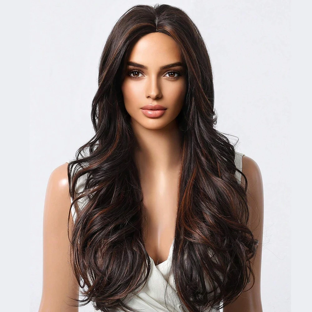 26in Highlight Brown Wave Curly Wigs Heat Resistant Synthetic Hair for Women Natural Look for Cosplay,Daily Use,Halloween Party