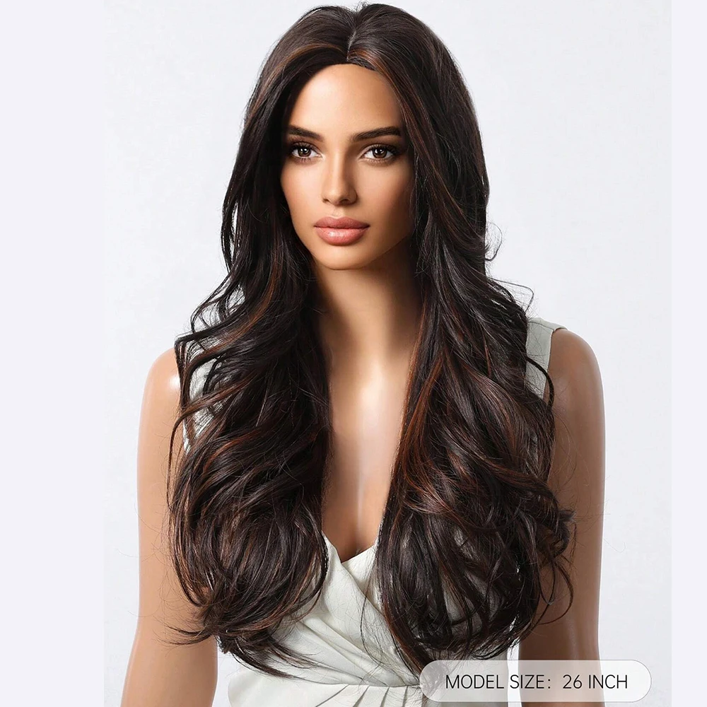 26in Highlight Brown Wave Curly Wigs Heat Resistant Synthetic Hair for Women Natural Look for Cosplay,Daily Use,Halloween Party