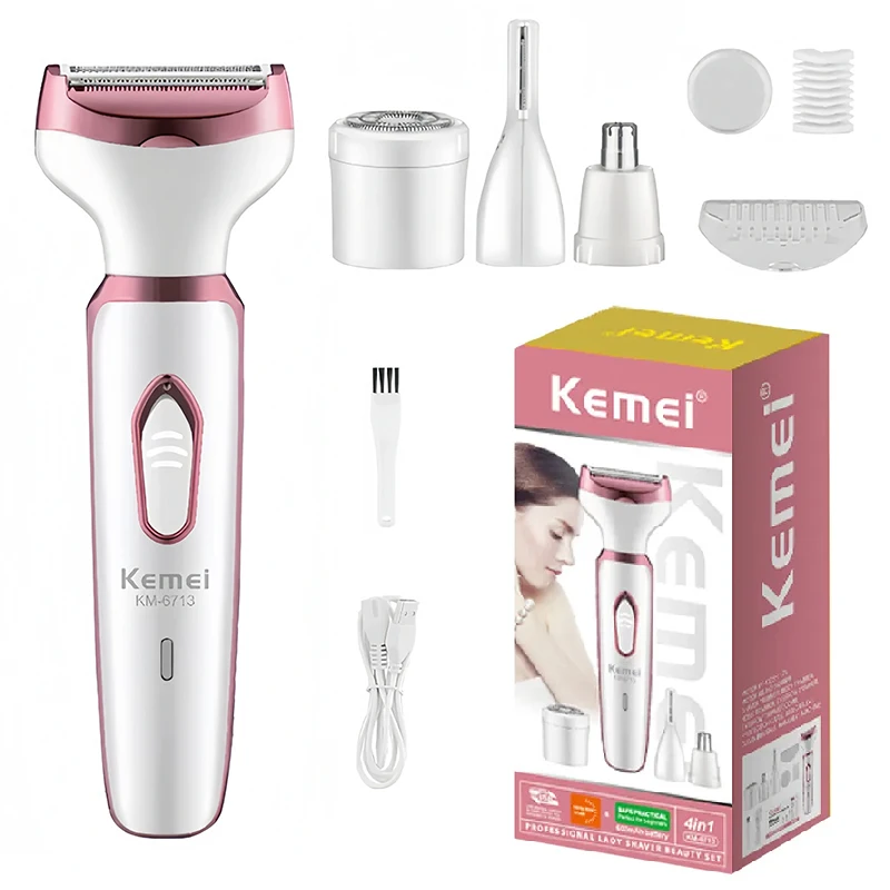 Kemei 4in1 Electric Razor for Women Shaver Hair Trimmer for Face Nose Eyebrow Beard Mustache Arm Leg Armpit Bikini Rechargeable