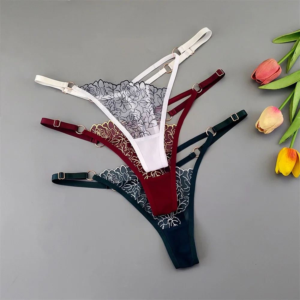 3pcs Sexy Adjustable T-Back Lace Panties Sheer Hollow-Out V-Shaped Women’s Thong for Bodycon Outfits & Special Occasions