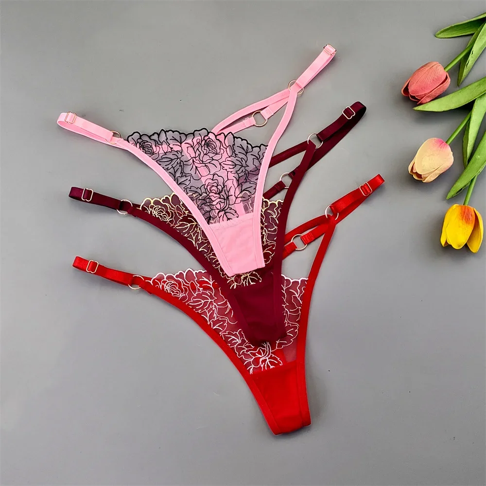 3pcs Sexy Adjustable T-Back Lace Panties Sheer Hollow-Out V-Shaped Women’s Thong for Bodycon Outfits & Special Occasions