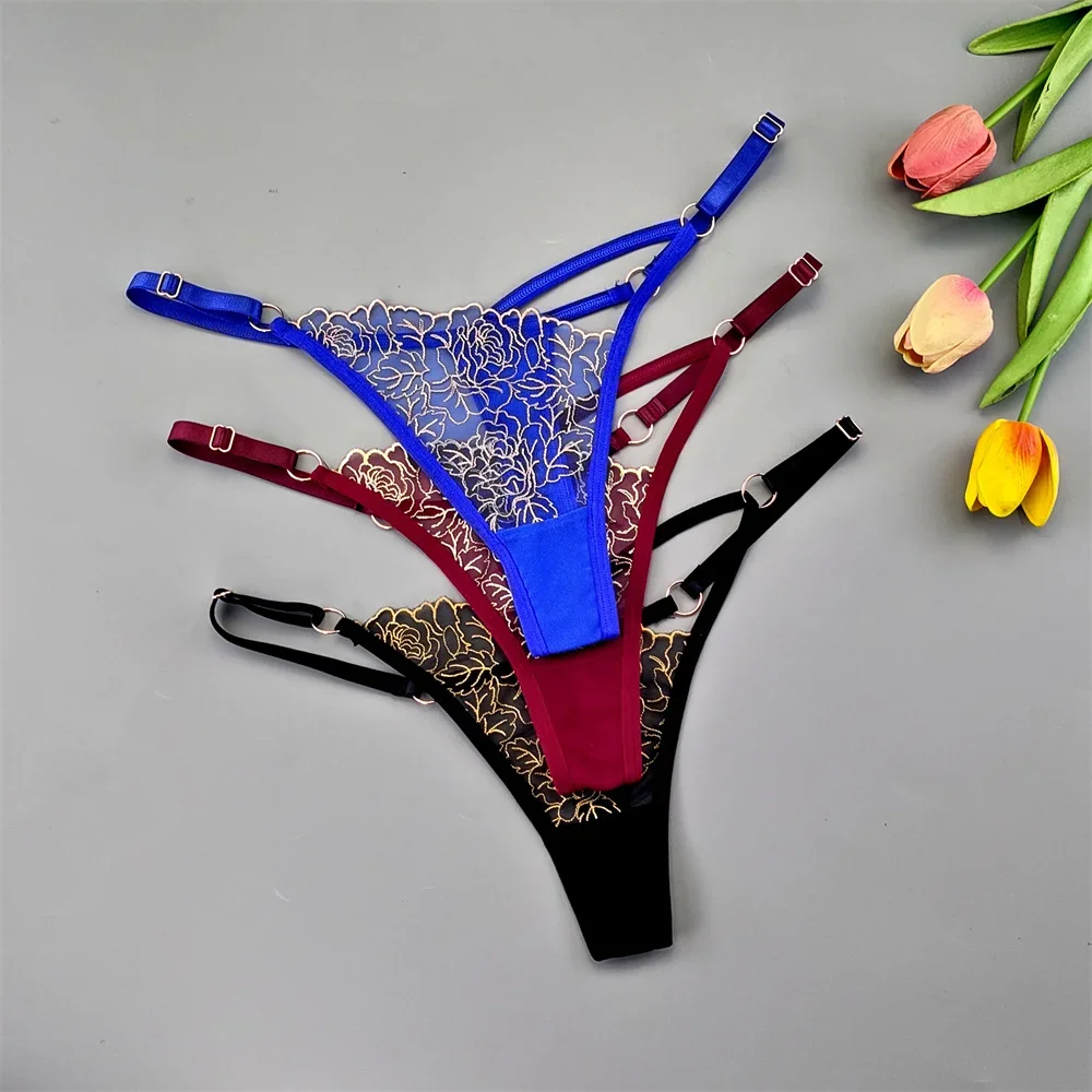 3pcs Sexy Adjustable T-Back Lace Panties Sheer Hollow-Out V-Shaped Women’s Thong for Bodycon Outfits & Special Occasions