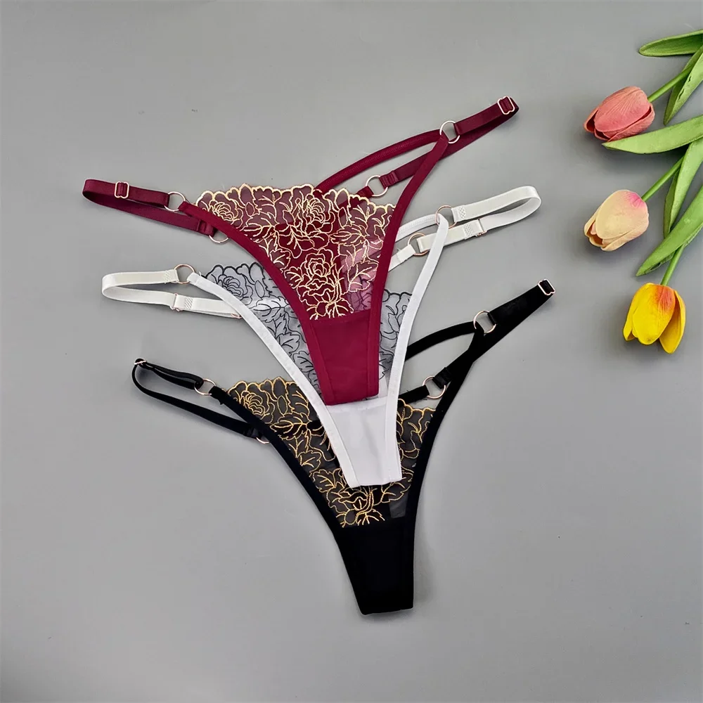3pcs Sexy Adjustable T-Back Lace Panties Sheer Hollow-Out V-Shaped Women’s Thong for Bodycon Outfits & Special Occasions