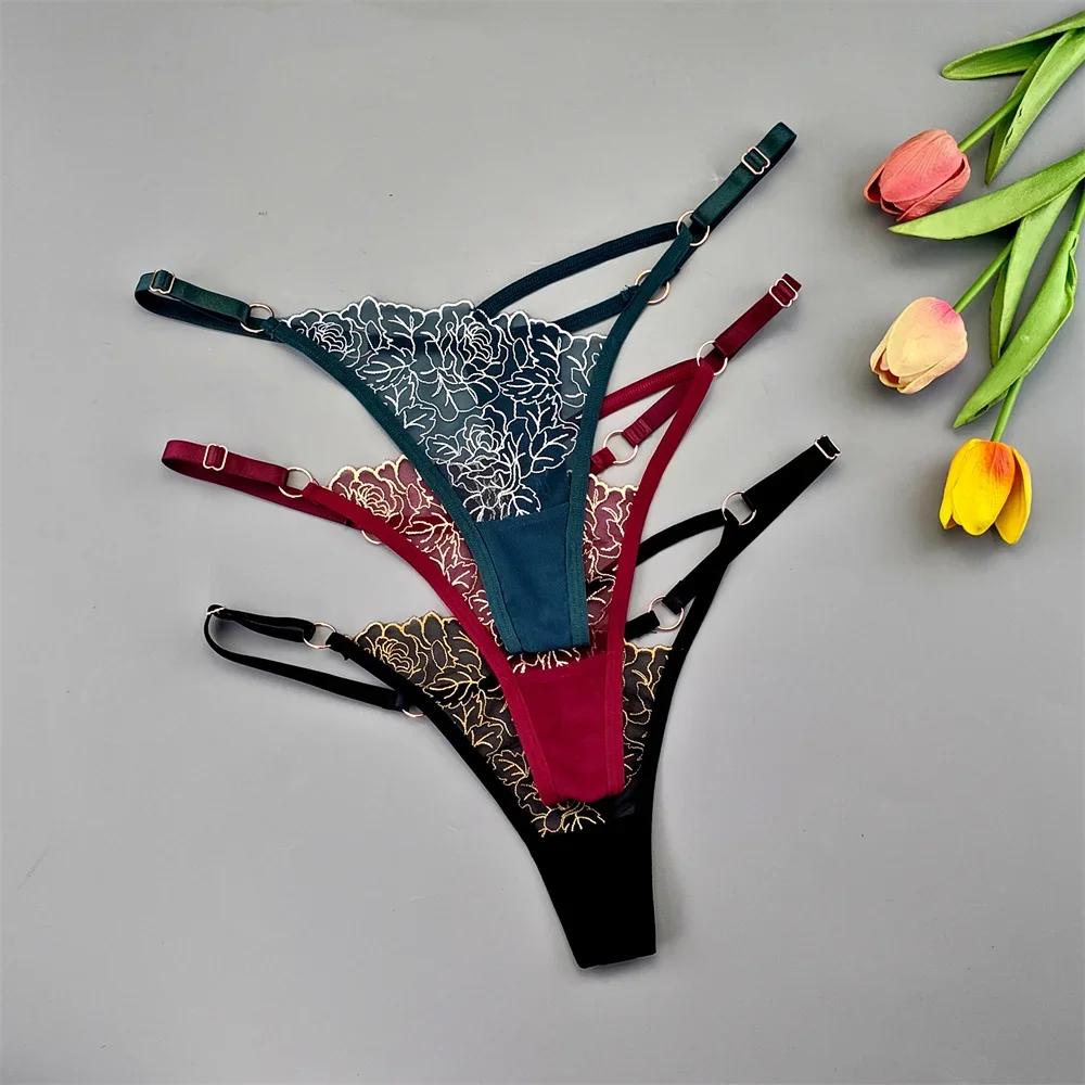 3pcs Sexy Adjustable T-Back Lace Panties Sheer Hollow-Out V-Shaped Women’s Thong for Bodycon Outfits & Special Occasions