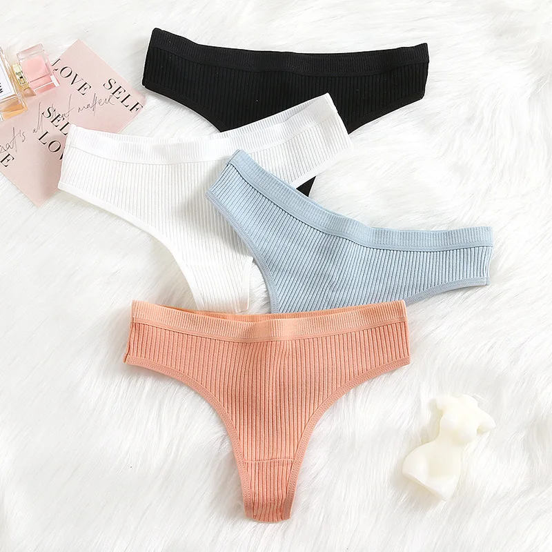 4Pcs Women's Panties Fashion Striped Thongs Soft Cotton Underwear Ladies Sexy Lingerie Sports Breathable G-Strings Cozy T-Back