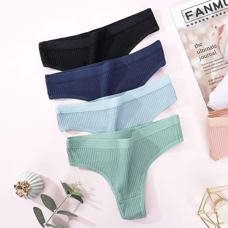 4Pcs Women’s Panties Fashion Striped Thongs Soft Cotton Underwear Ladies Sexy Lingerie Sports Breathable G-Strings Cozy T-Back