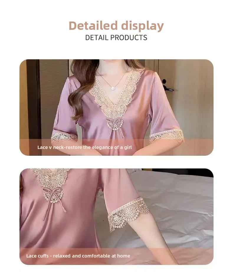 Silk Sleepwear Lace Embroidered Short Sleeve Dress Nightgown Home Clothes Thin Sexy Sweet V-neck Glue Fiber Autumn Home Clothes