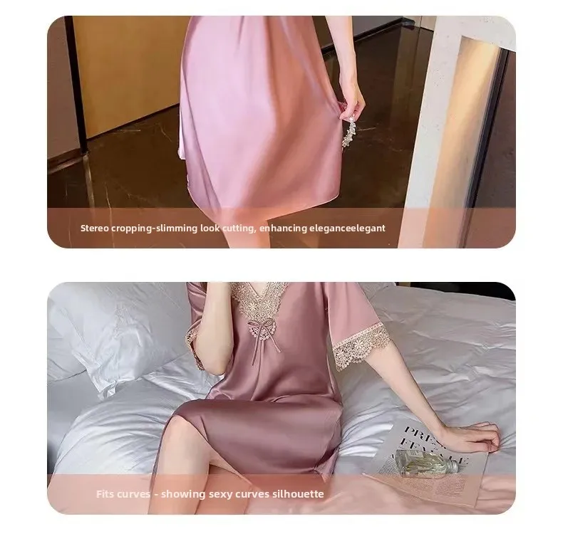 Silk Sleepwear Lace Embroidered Short Sleeve Dress Nightgown Home Clothes Thin Sexy Sweet V-neck Glue Fiber Autumn Home Clothes