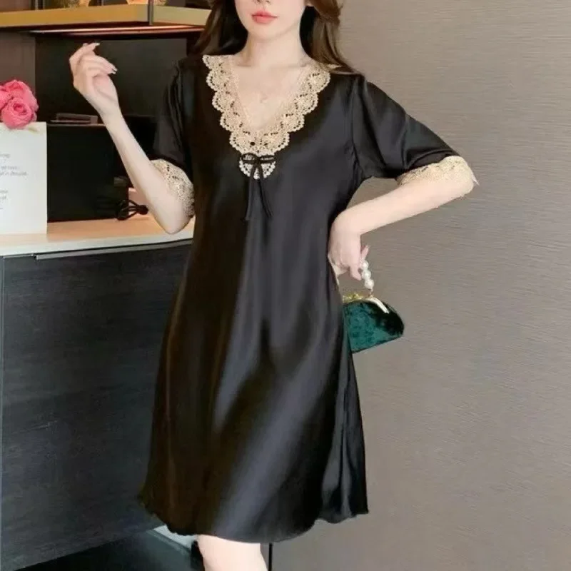 Silk Sleepwear Lace Embroidered Short Sleeve Dress Nightgown Home Clothes Thin Sexy Sweet V-neck Glue Fiber Autumn Home Clothes
