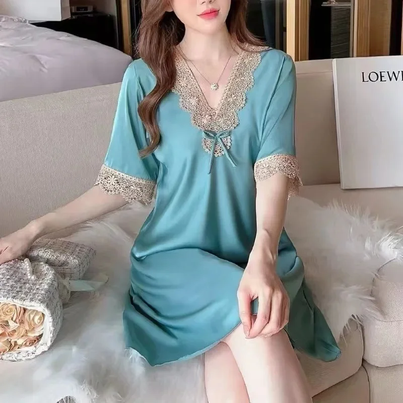 Silk Sleepwear Lace Embroidered Short Sleeve Dress Nightgown Home Clothes Thin Sexy Sweet V-neck Glue Fiber Autumn Home Clothes