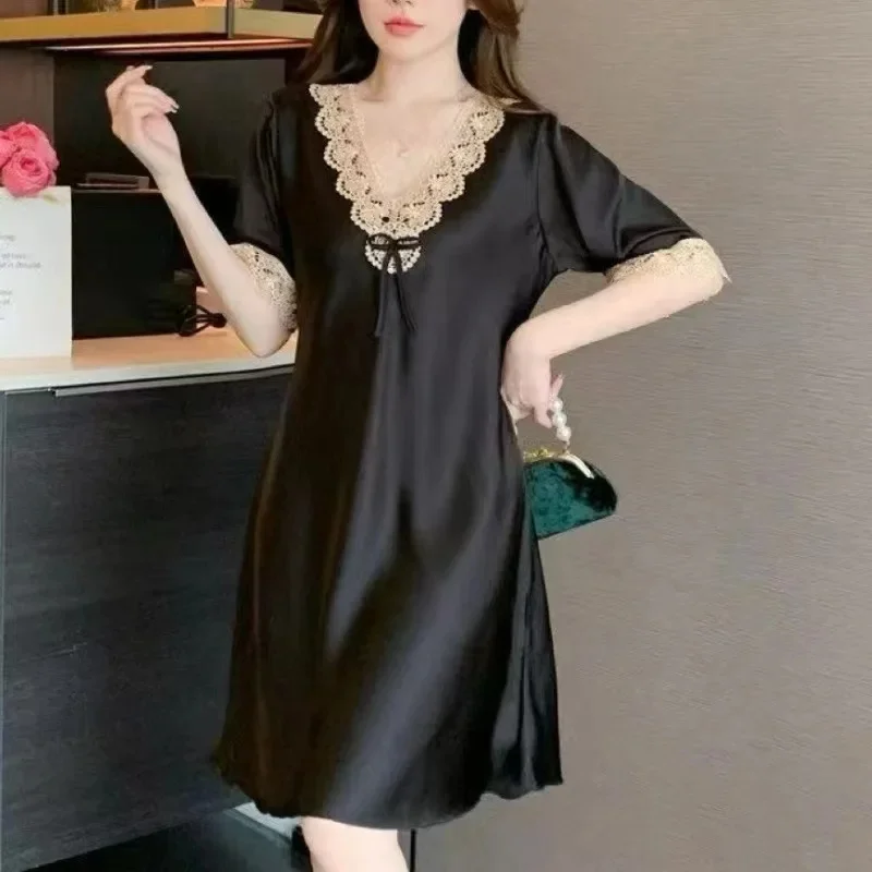 Silk Sleepwear Lace Embroidered Short Sleeve Dress Nightgown Home Clothes Thin Sexy Sweet V-neck Glue Fiber Autumn Home Clothes