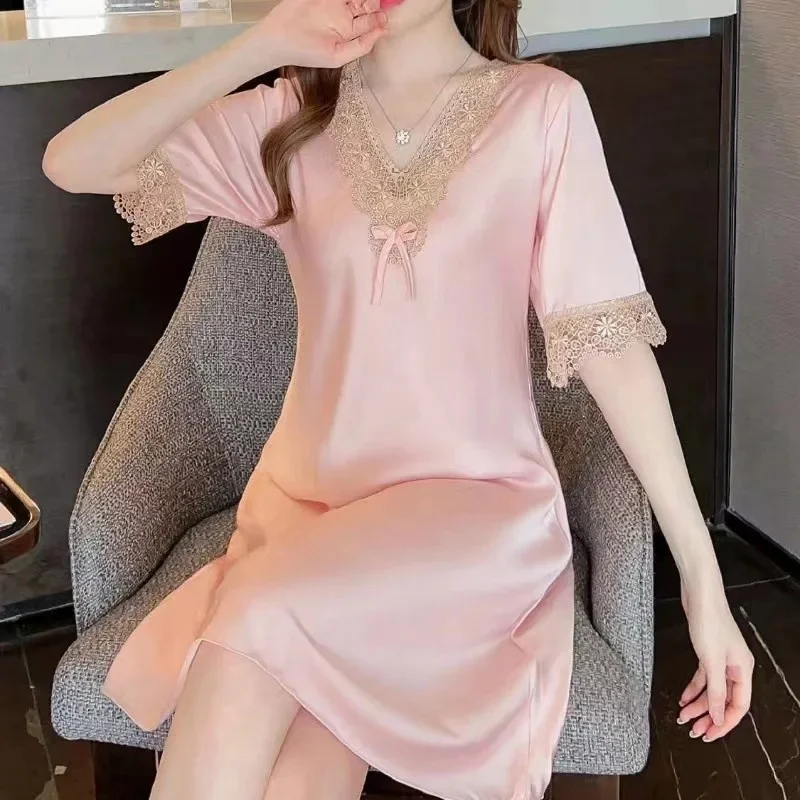 Silk Sleepwear Lace Embroidered Short Sleeve Dress Nightgown Home Clothes Thin Sexy Sweet V-neck Glue Fiber Autumn Home Clothes