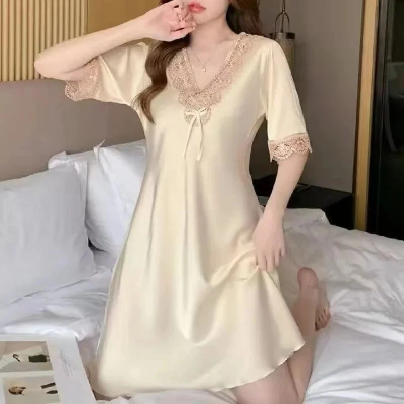 Silk Sleepwear Lace Embroidered Short Sleeve Dress Nightgown Home Clothes Thin Sexy Sweet V-neck Glue Fiber Autumn Home Clothes