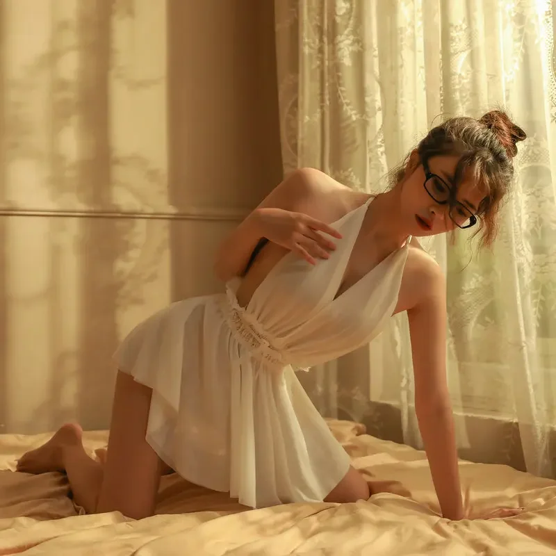 Sexy Deep V Large Displaying Pure Desire Sleeveless Role-playing Secretary Skirt Underwear Home Clothes General Sleep Dress