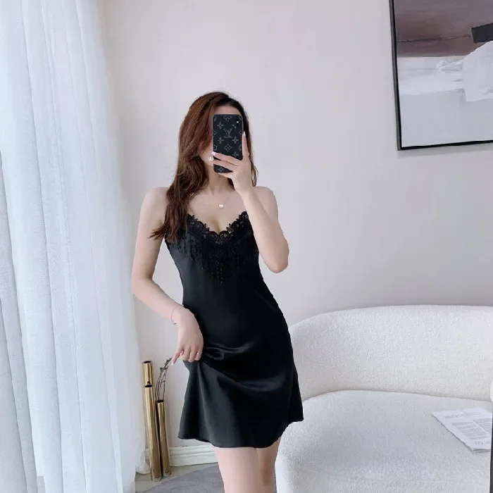 2022 Sexy V-neck Tank Sleep Dress Women’s Solid Color Attraction Dress M-6xl Cross-border Summer Sleeveless