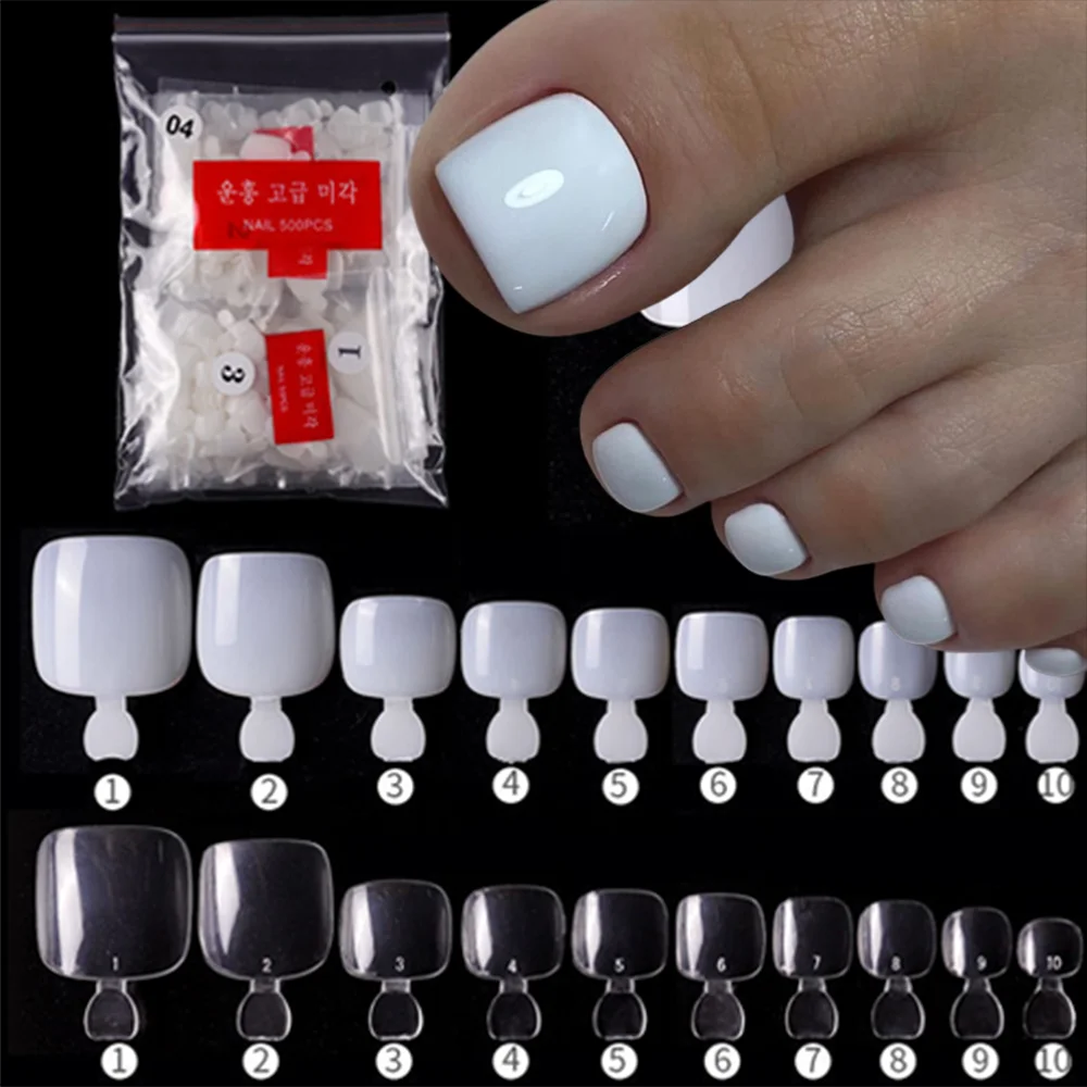 500pcs/Bag White/Clear Toenails Tips Summer Short Square False Toe Nail Tips Natural 10 Size Mix Manicure Foot Press on Tips