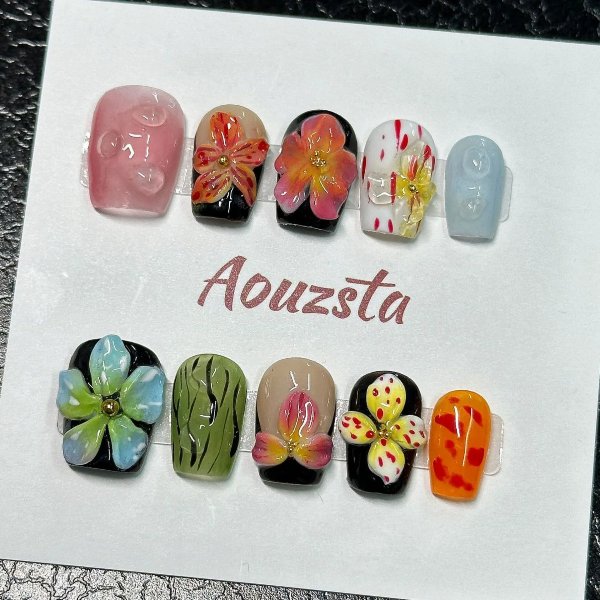 10pcs Handmade Press On Nails Black Pink French Style False Nails With Hand Painted 3D Flower Designs Short T Summer Nails Tips 10pcs Handmade Press On Nails Black Pink French Style False Nails With Hand Painted 3D Flower Designs Short T Summer Nails Tips
