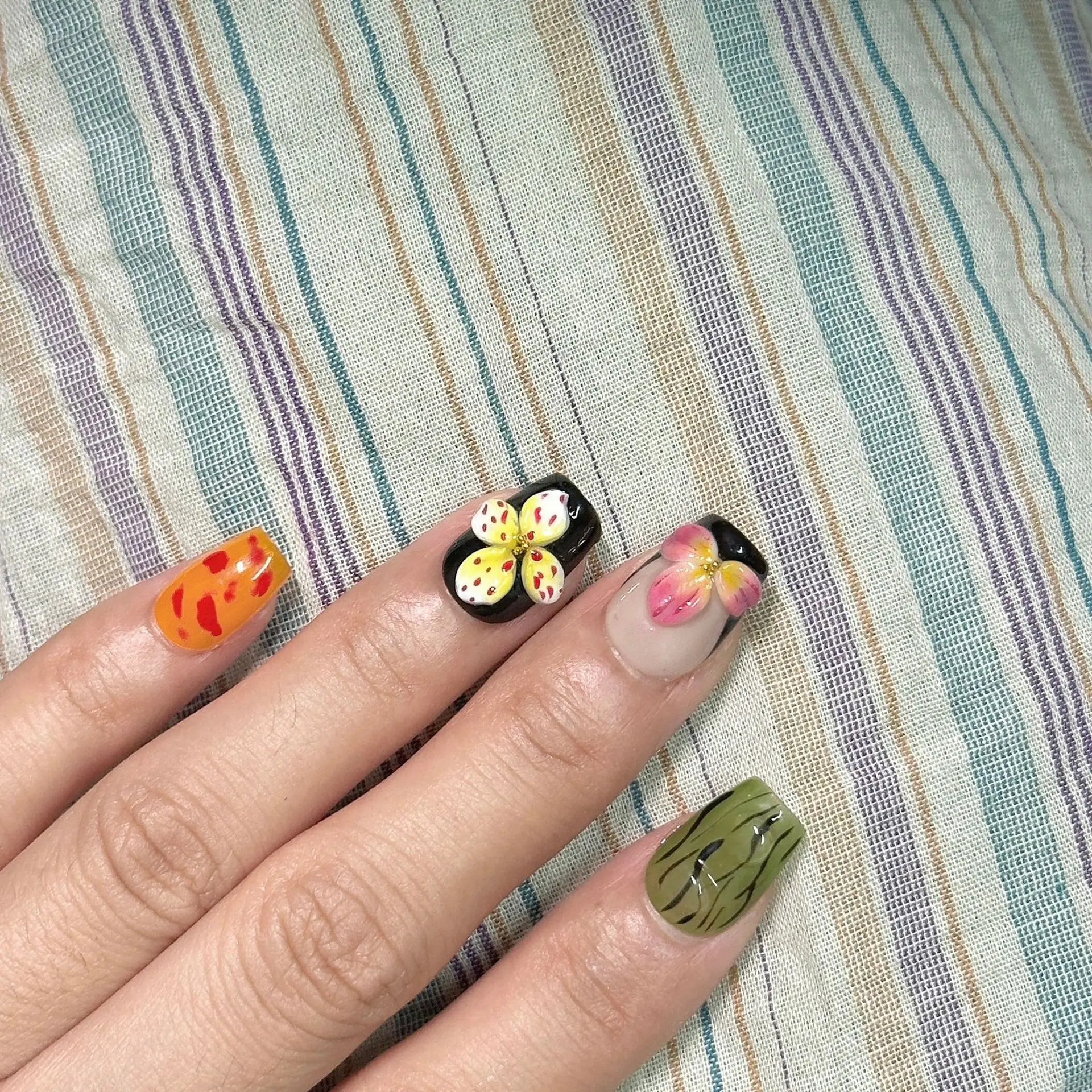 10pcs Handmade Press On Nails Black Pink French Style False Nails With Hand Painted 3D Flower Designs Short T Summer Nails Tips 10pcs Handmade Press On Nails Black Pink French Style False Nails With Hand Painted 3D Flower Designs Short T Summer Nails Tips