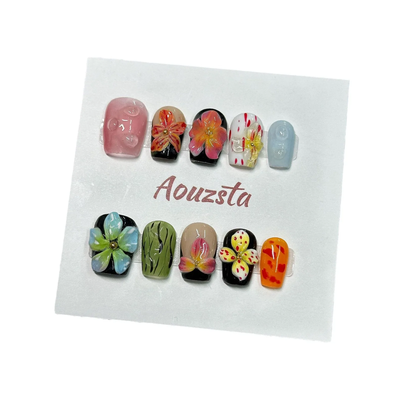 10pcs Handmade Press On Nails Black Pink French Style False Nails With Hand Painted 3D Flower Designs Short T Summer Nails Tips 10pcs Handmade Press On Nails Black Pink French Style False Nails With Hand Painted 3D Flower Designs Short T Summer Nails Tips