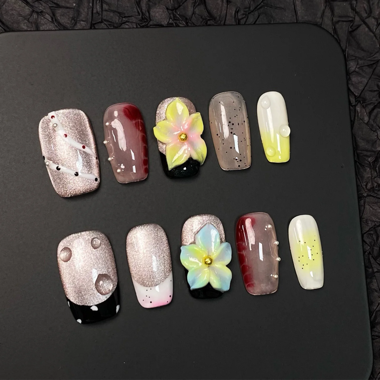 10pcs Handmade Press On Nails Black Pink French Style False Nails With Hand Painted 3D Flower Designs Short T Summer Nails Tips