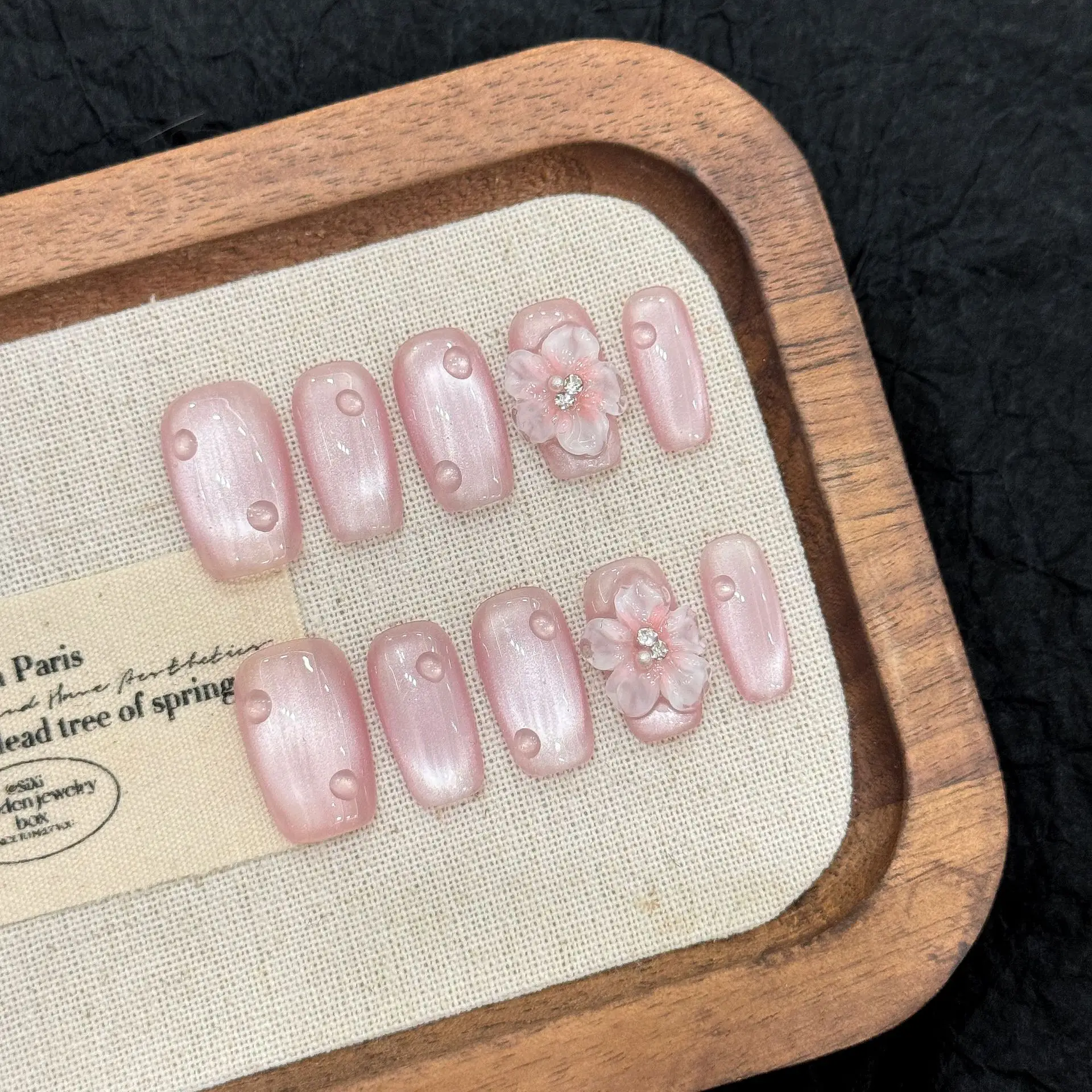 10pcs Handmade Press On Nails Black Pink French Style False Nails With Hand Painted 3D Flower Designs Short T Summer Nails Tips