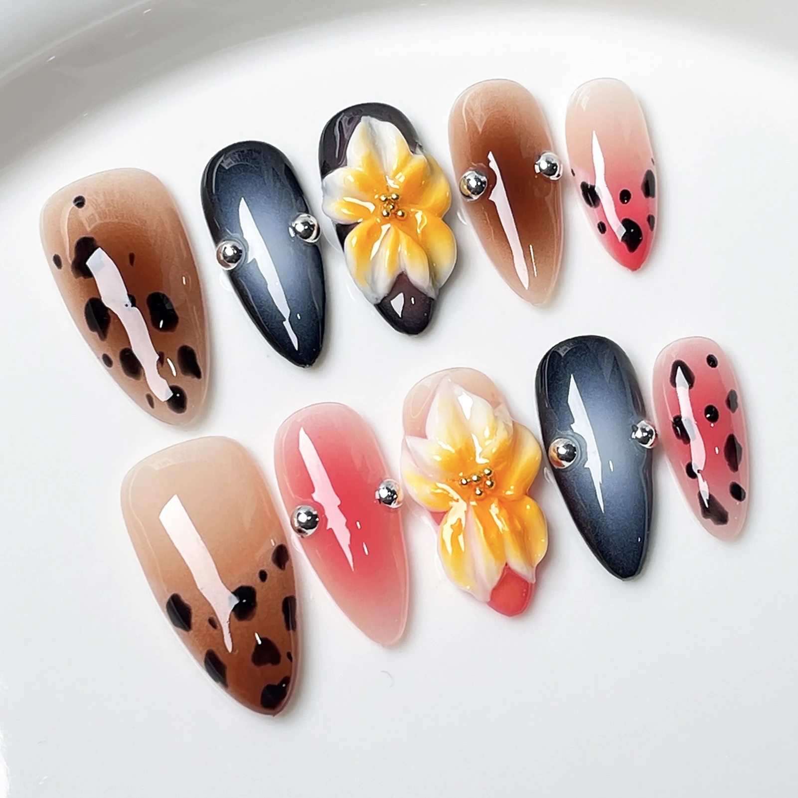 10pcs Handmade Press On Nails Black Pink French Style False Nails With Hand Painted 3D Flower Designs Short T Summer Nails Tips
