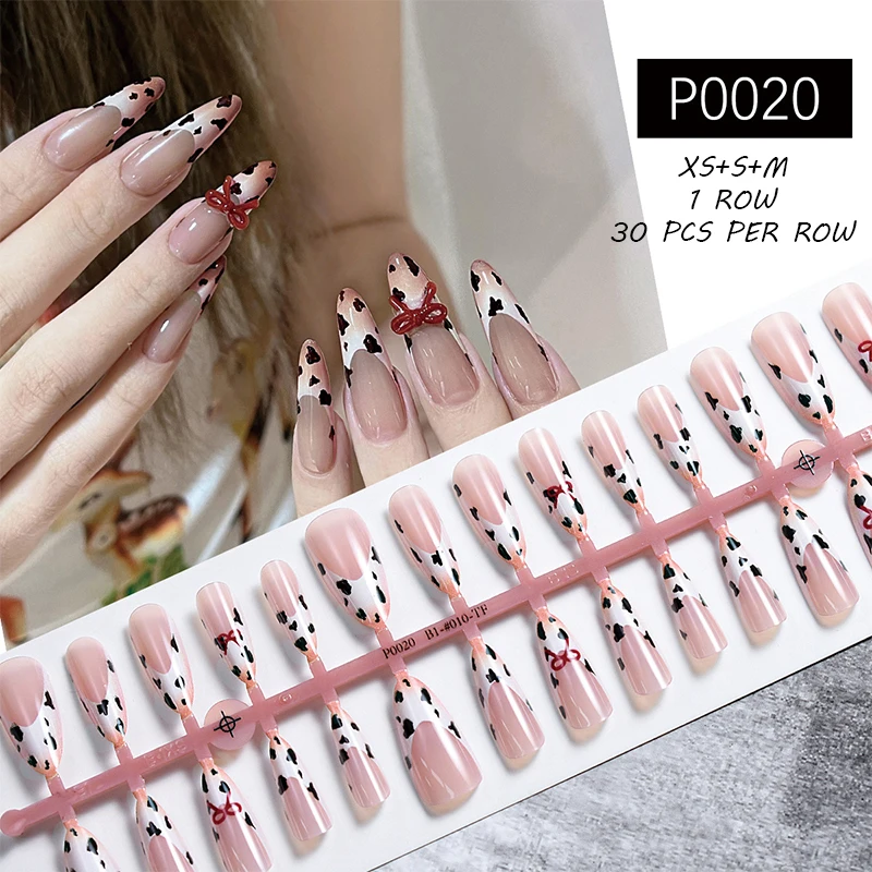 24pcs Sweet Summer Fake Nails Patches Pink Glitter Nude Press on Nails Women Wearable Nail Art Stickers Full Finished False Nail