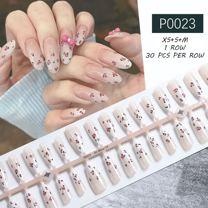 24pcs Sweet Summer Fake Nails Patches Pink Glitter Nude Press on Nails Women Wearable Nail Art Stickers Full Finished False Nail