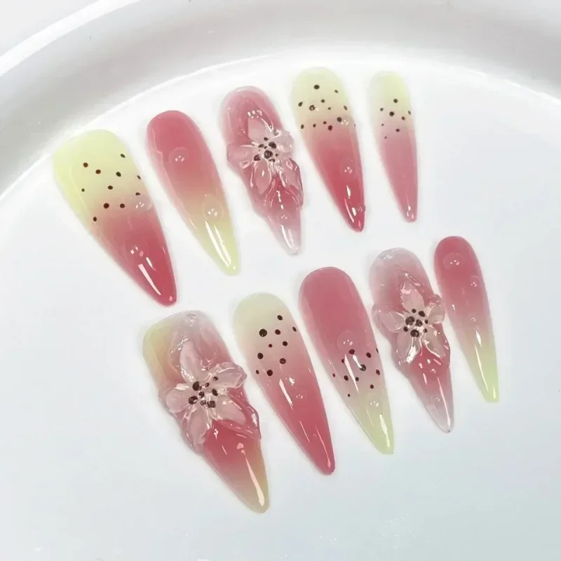 10pcs Aurora Gradient Pink Stiletto Almond Press On Nails Blue Long Fake Nails with 3D Heart Butterfly Sweet Cool Nail Tips Art