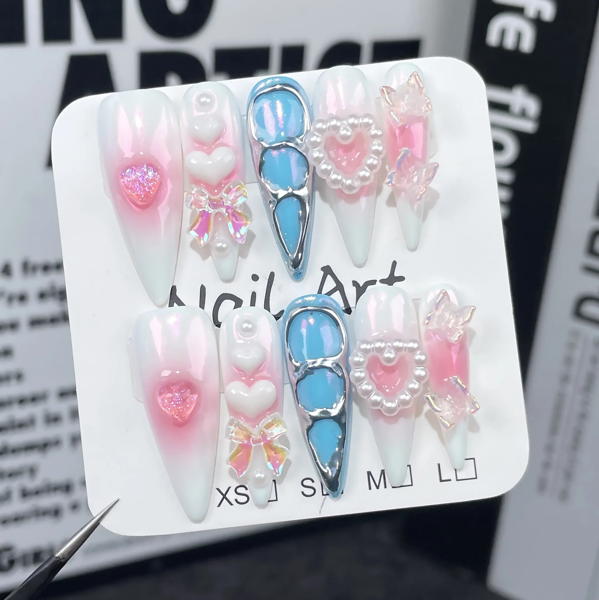 10pcs Aurora Gradient Pink Stiletto Almond Press On Nails Blue Long Fake Nails with 3D Heart Butterfly Sweet Cool Nail Tips Art 10pcs Aurora Gradient Pink Stiletto Almond Press On Nails Blue Long Fake Nails with 3D Heart Butterfly Sweet Cool Nail Tips Art