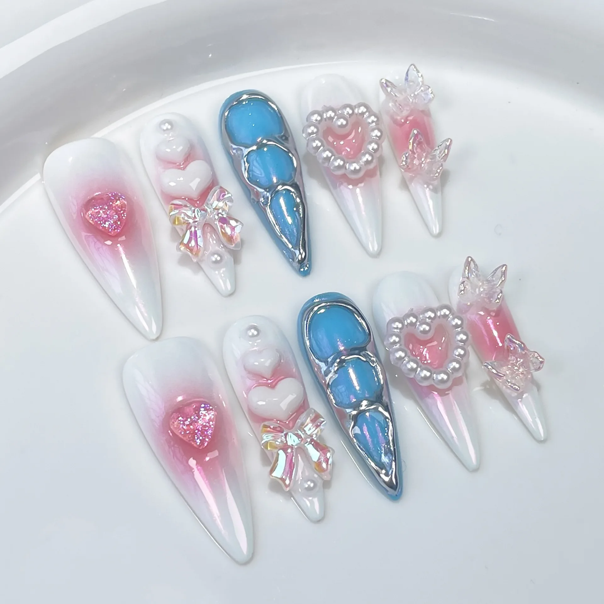 10pcs Aurora Gradient Pink Stiletto Almond Press On Nails Blue Long Fake Nails with 3D Heart Butterfly Sweet Cool Nail Tips Art