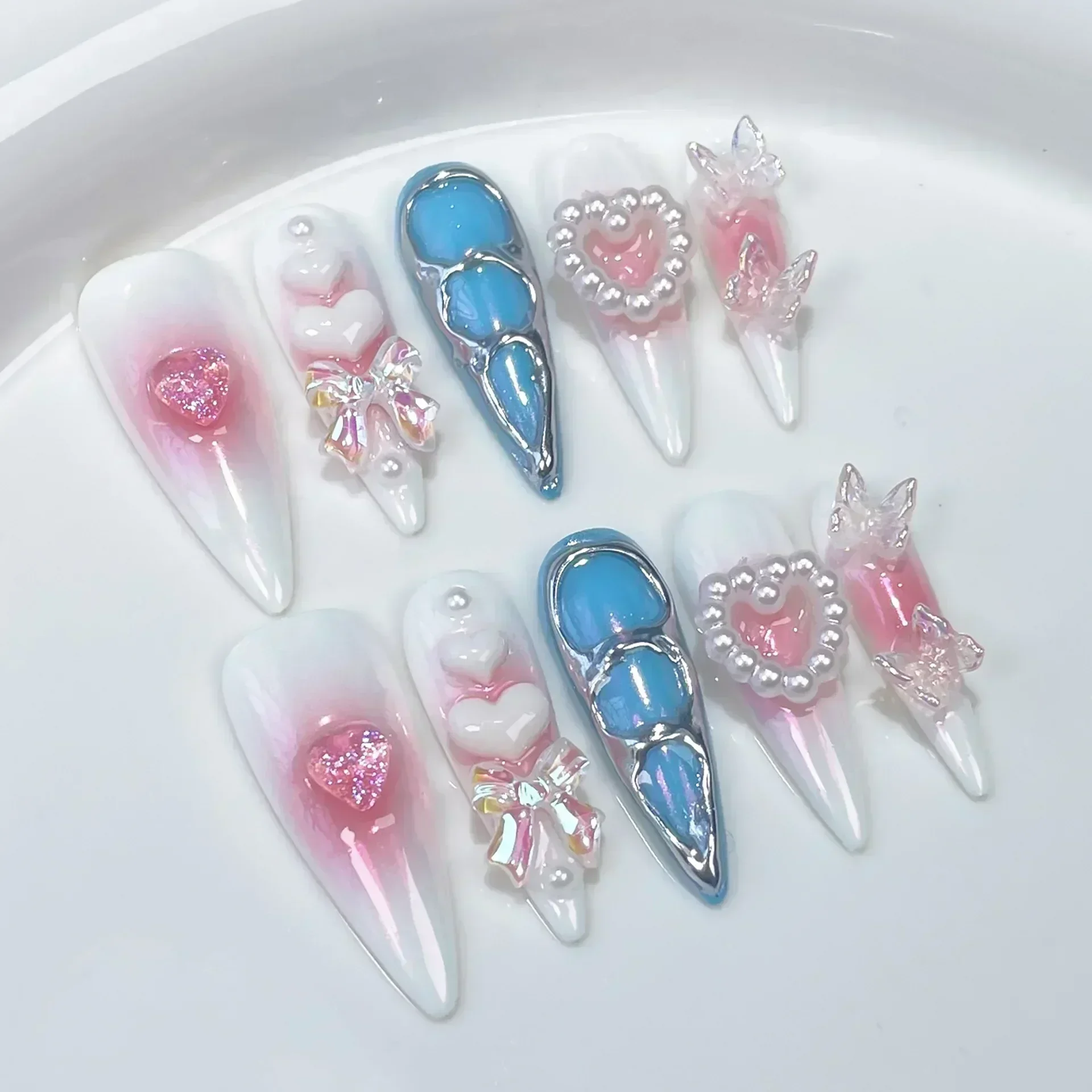 10pcs Aurora Gradient Pink Stiletto Almond Press On Nails Blue Long Fake Nails with 3D Heart Butterfly Sweet Cool Nail Tips Art
