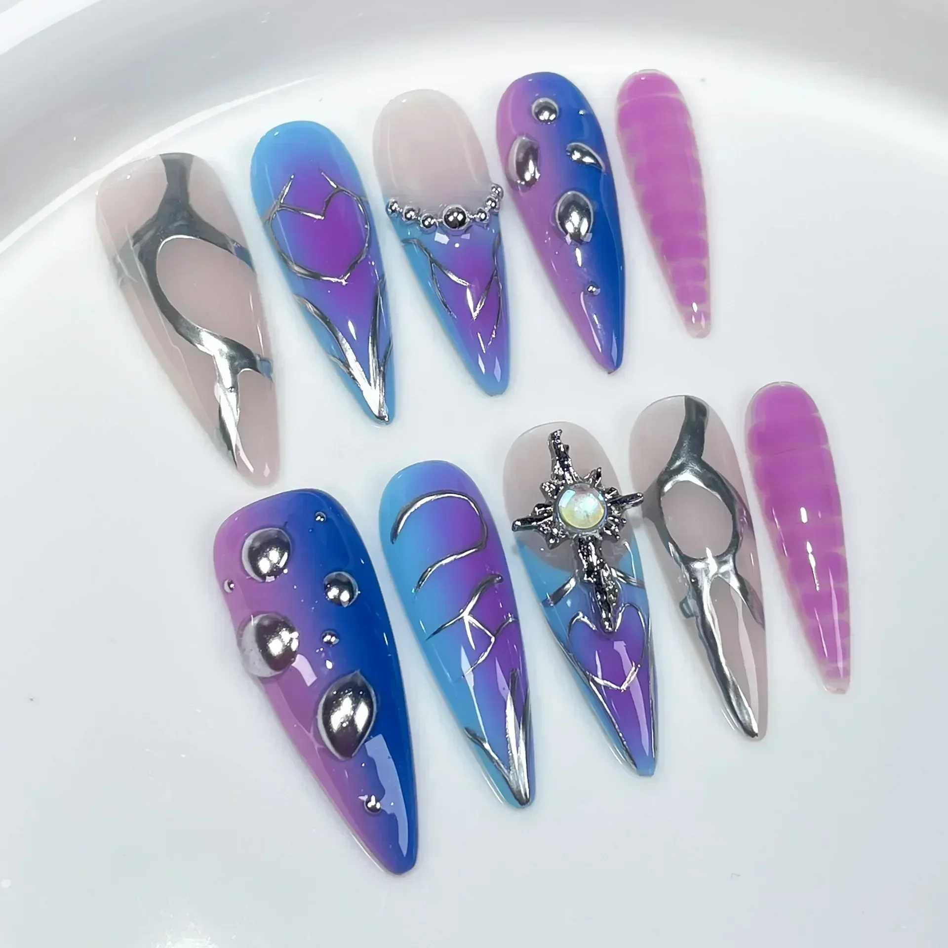 10pcs Aurora Gradient Pink Stiletto Almond Press On Nails Blue Long Fake Nails with 3D Heart Butterfly Sweet Cool Nail Tips Art