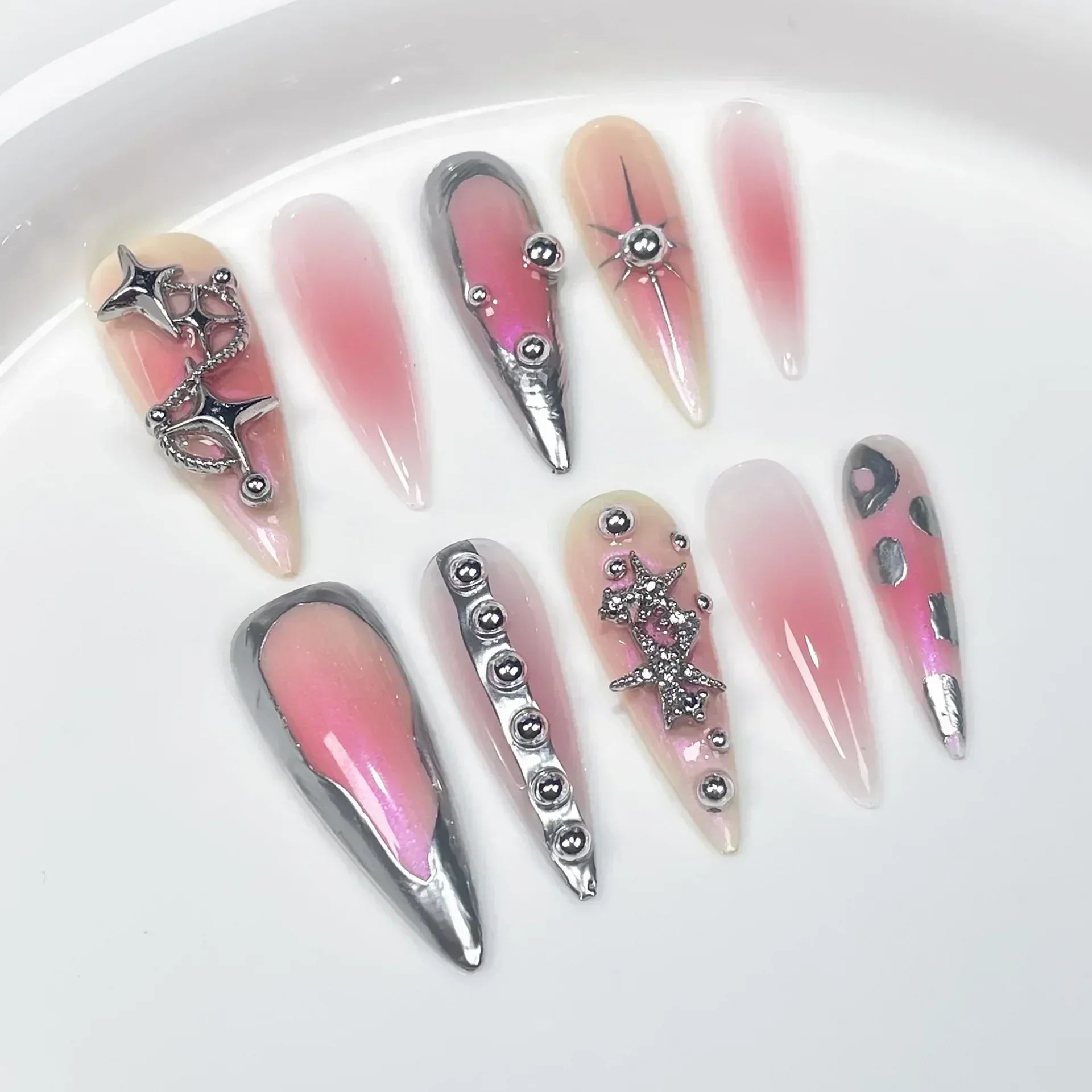 10pcs Aurora Gradient Pink Stiletto Almond Press On Nails Blue Long Fake Nails with 3D Heart Butterfly Sweet Cool Nail Tips Art