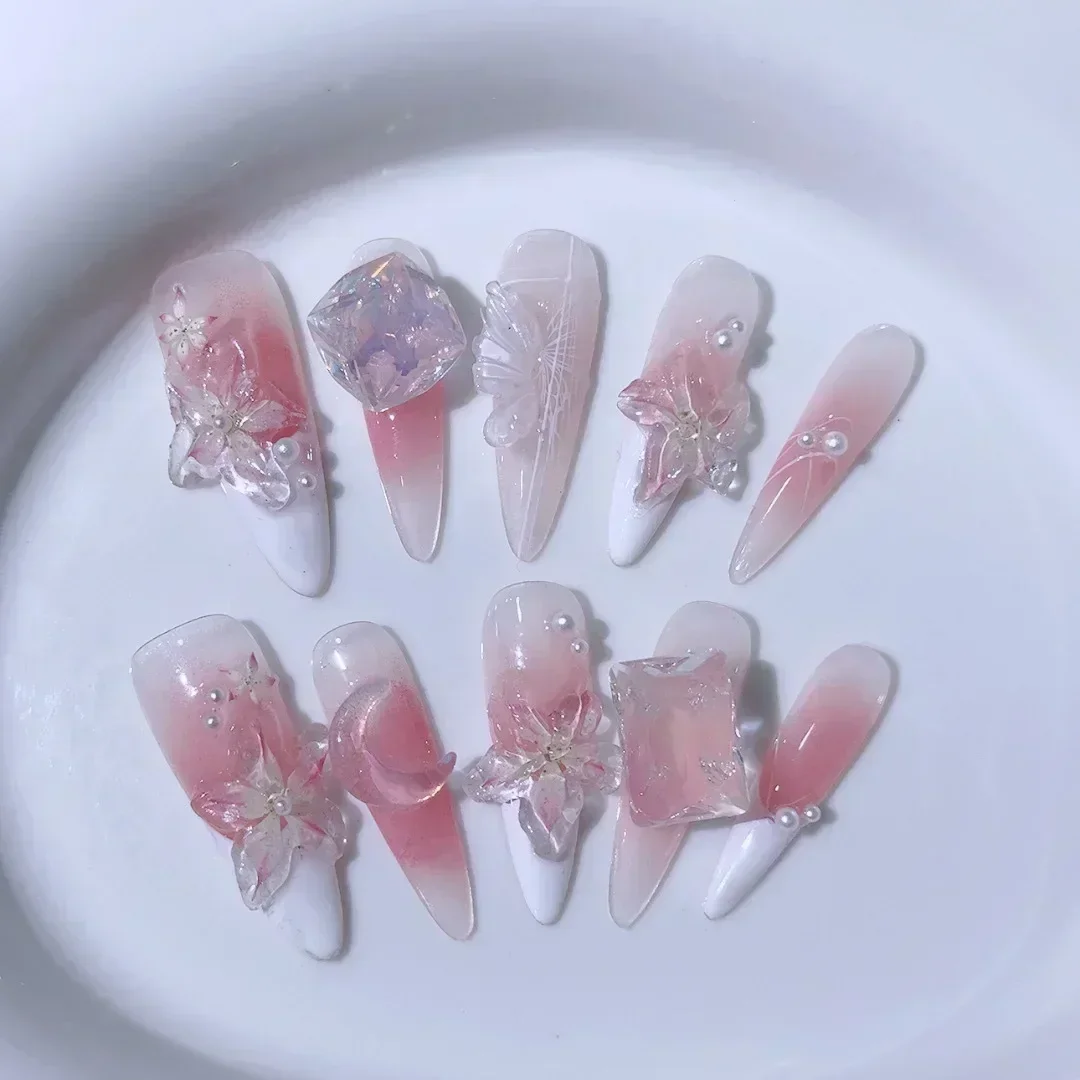 10pcs Aurora Gradient Pink Stiletto Almond Press On Nails Blue Long Fake Nails with 3D Heart Butterfly Sweet Cool Nail Tips Art